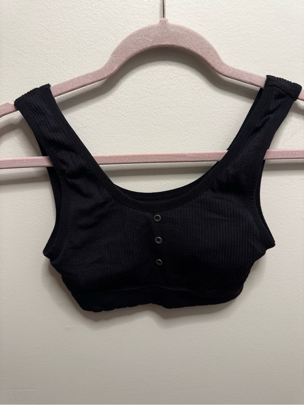 Lucky Brand Black Ribbed Scoop Crop Tank with Front Button Detail